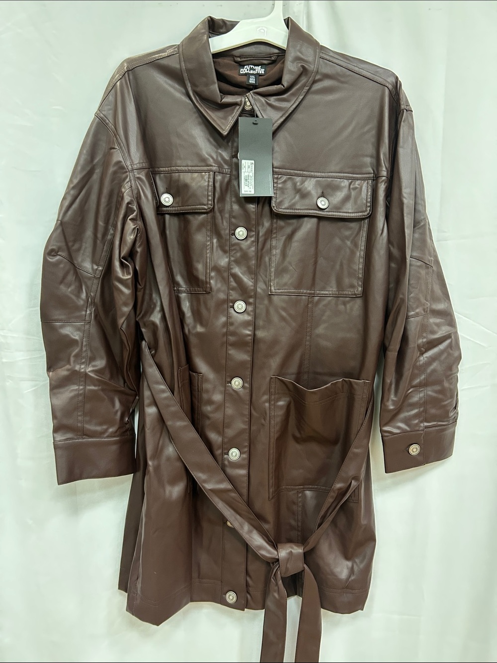 Future Collective Faux Leather Button-Front Belted Shirt Jacket - Dark Brown XXL